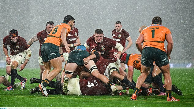 2 August 2025; Players During A Maul Amid Heavy Rain During The Third Test Match Between Australia And The British &Amp; Irish Lions At Accor Stadium In Sydney, Australia. Photo By Brendan Moran/Sportsfile