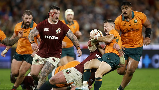 Sydney, Australia - August 02: Nic White Of The Wallabies Is Tackled During The Third Test Of The Series Between Australia Wallabies And British &Amp; Irish Lions At Accor Stadium On August 02, 2025 In Sydney, Australia. (Photo By Darrian Traynor/Getty Images)