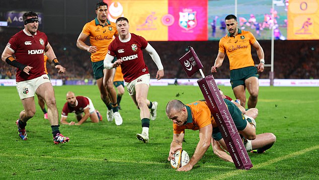 Sydney, Australia - August 02: Dylan Pietsch Of The Wallabies Scores A Try During The Third Test Of The Series Between Australia Wallabies And British &Amp; Irish Lions At Accor Stadium On August 02, 2025 In Sydney, Australia. (Photo By Cameron Spencer/Getty Images)