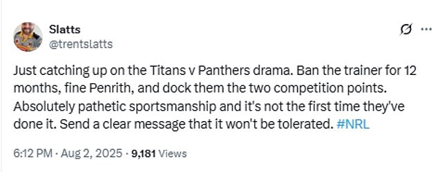Furious Fans Like This One Vented Their Fury On Social Media After The Panthers Won The Match In Extra Time, With Many Saying The Trainer Robbed The Titans Of A Win