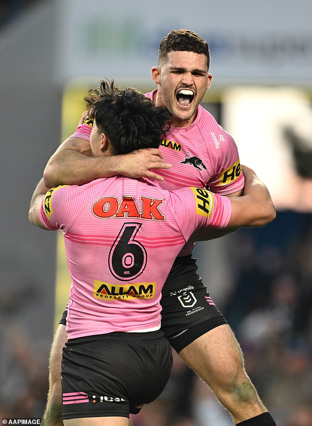 Nathan Cleary (Top) Celebrates With Blaze Talagi (Back To Camera) After He Scored The Winning Try In Golden-Point Extra Time