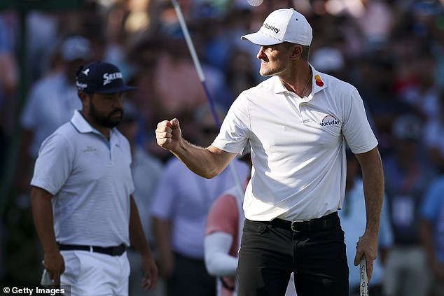 Justin Rose Reacts After Making A Birdie On The 18Th Hole During A Playoff Against J.j. Spaun