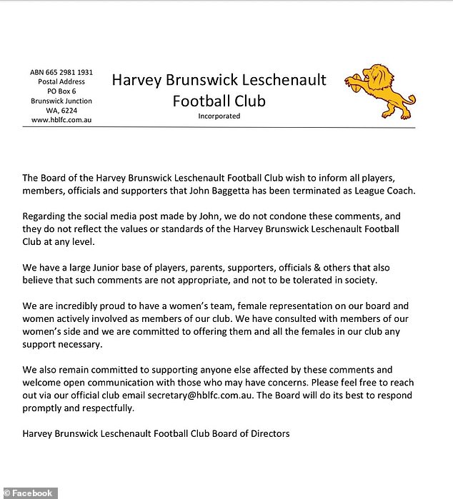 The Statement Issued By Harvey Brunswick Leschenault Football Club About Baggetta