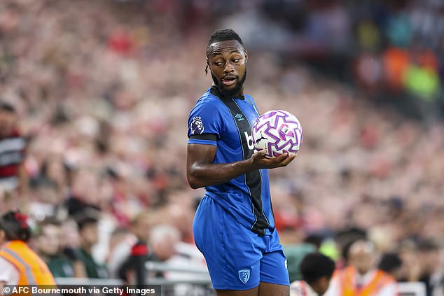 Semenyo Is Seen Taking A Throw In During Friday's Game, In Which He Scored Two Goals