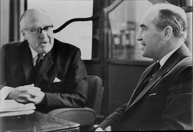 FA Secretary Denis Follows, pictured in 1967 with Sir Alf Ramsey (right), was part of the decision to allow managers to make one substitute in league matches in a 1965 experiment
