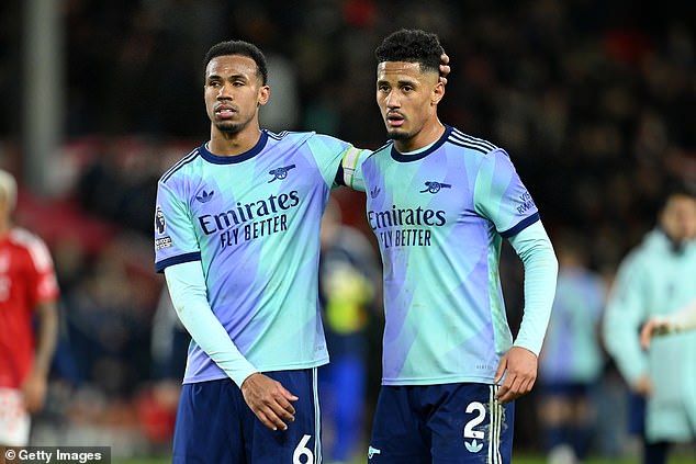 Just 77 of those who made an appearance last weekend were eligible for England - pictured: Arsenal's centre-back duo Gabriel Magalhaes (left) of Brazil and William Saliba of France