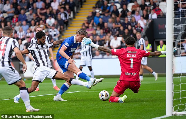Rangers Forward Thelo Aasgaard Has A Shot Saved By St Mirren Goalkeeper Shamal George