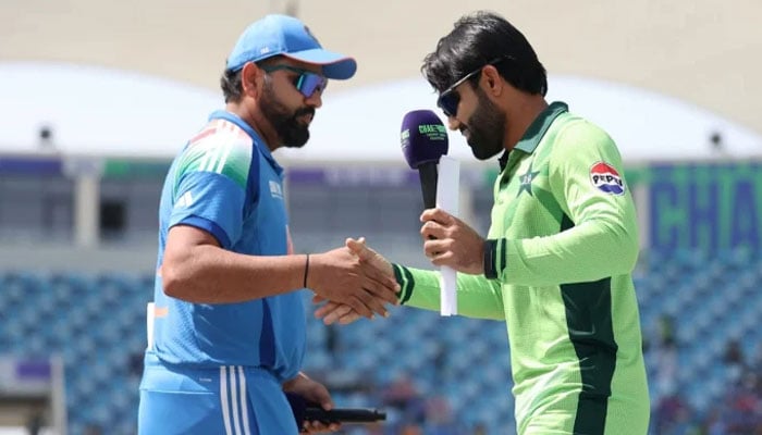 India’s Rohit Sharma Shakes Hands With Mohammad Rizwan Ahead Of The Icc Champions Trophy 2025 Match Between Pakistan And India At Dubai International Cricket Stadium On February 23, 2025 In Dubai, United Arab Emirates. – Icc