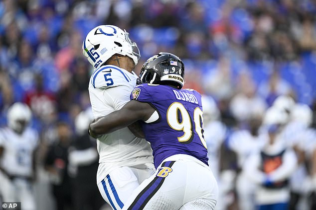 Colts Quarterback Anthony Richardson Sr. (5) Is Sacked By Ravens Linebacker David Ojabo