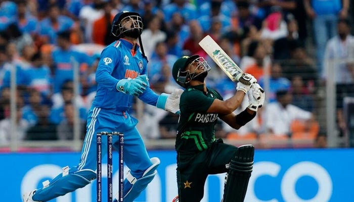 Hasan Ali in action with Indias Ravindra Jadeja before getting caught out by Shubman Gill. — Reuters