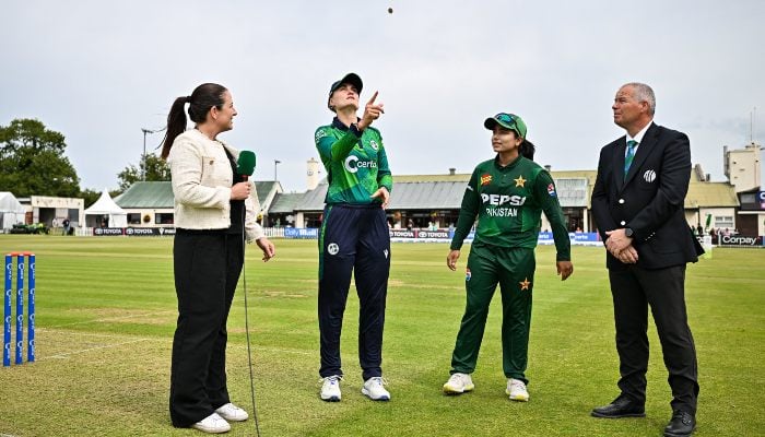 Pakistan Captain Fatima Sana And Ireland Captain Gaby Lewis At The Toss For The First T20I At The Clontarf Cricket Club In Dublin On August 6, 2025. - X/@Therealpcb