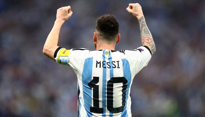 Argentinas Lionel Messi Celebrates Scoring Their First Goal During Fifa World Cup Qatar 2022 Semifinal On December 13, 2022. — Reuters
