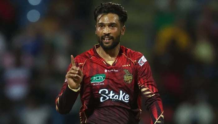Mohammad Amir of Trinbago Knight Riders during the Mens 2025 Republic Bank Caribbean Premier League match between Antigua & Barbuda Falcons v Trinbago Knight Riders at Sir Vivian Richards Cricket Ground on August 20, 2025 in St Johns, Antigua and Barbuda. — CPL T20