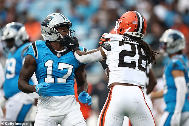 Carolina Panthers Receiver Xavier Legette (17) And Cleveland Browns Safety Rayshawn Jenkins (28) Squared Up In A Brawl During A Preseason Nfl Game On Friday Evening
