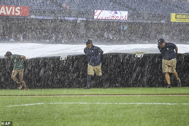 The New York Yankees were forced into a rain delay as thunderstorms rolled over the Bronx