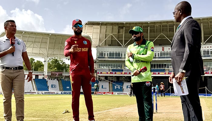 Pakistan And West Indies Skippers During The Toss For The Third And Final Odi Match At Brian Lara Stadium, Tarouba, On August 12, 2025. — X/@Therealpcb