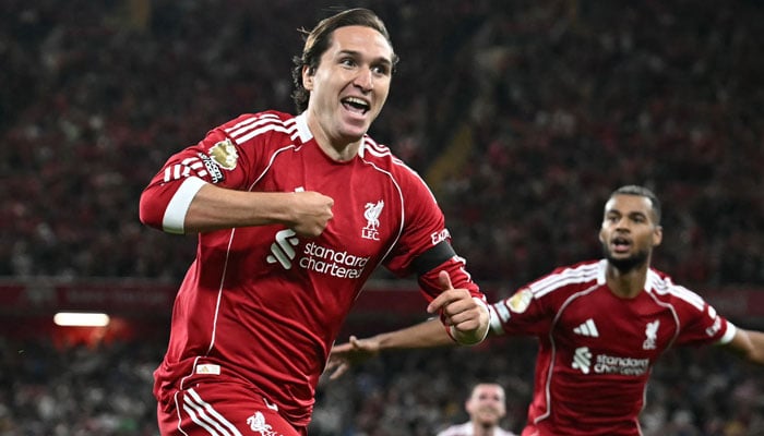 Liverpools Italian Striker #14 Federico Chiesa Celebrates After Scoring Their Third Goal During The English Premier League Football Match Between Liverpool And Bournemouth At Anfield In Liverpool, North West England On August 15, 2025. — Afp