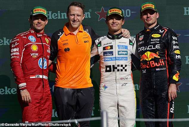 He Once Had Dreams Of Standing On The F1 Podium With The Likes Of Lando Norris (Second Right) And Max Verstappen (Far Right) - But Now His Hopes Of A Career In Motorsport Are In Tatters