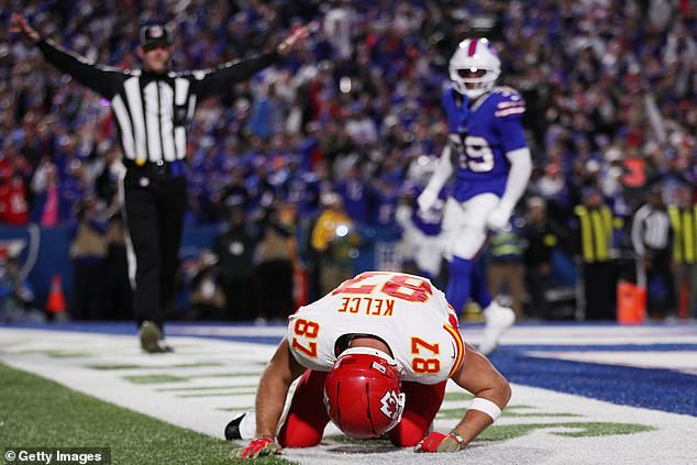 Kelce Took A Moment To Return To His Feet After A Brutal Hit To The Chest From The Bills Linebacker
