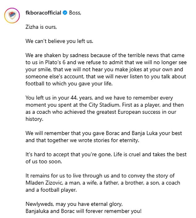 His Heartbroken Former Players At Borac Also Penned An Emotional Tribute On Social Media