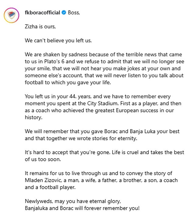 His Heartbroken Former Players At Borac Also Penned An Emotional Tribute On Social Media
