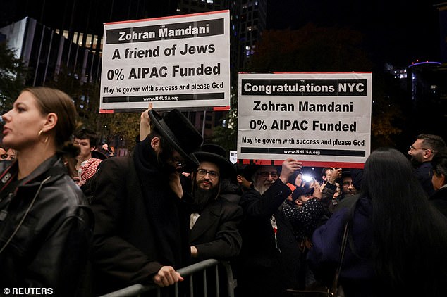 Some Mamdani's Jewish Supporters Are Seen Holding Signs Outside An Election Watch Party