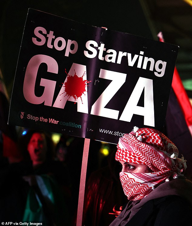 A Protester Pictured With A 'Stop Starving Gaza' Placard On Thursday Night Outside Villa Park