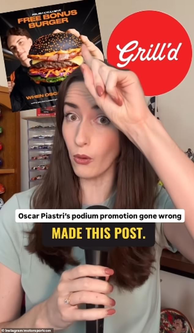 Motorsport Personality Taylor Kitchen (Pictured) Pointed Out That Piastri Has Failed To Podium Since Grill'd Promoted The Free Burgers On September 16