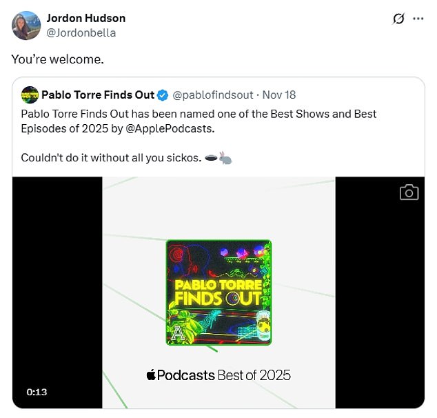 Hudson Appeared To Take Credit For Torre's Podcast Earning Acclaim On Apple Podcasts