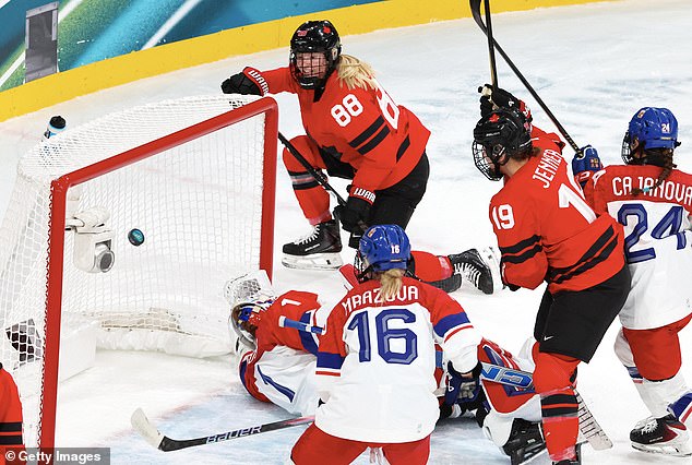 Julia Gosling #88 Of Team Canada Scores Her First Goal During The Women's Ice Hockey - Group A Match Between Team Canada And Team Czech Republic On Day Three Of The Milano Cortina 2026 Winter Olympic Games At Milano Rho Ice Hockey Arena On February 9