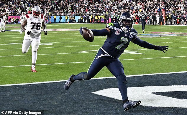 Seahawks' Linebacker Uchenna Nwosu Celebrates As He Scores A Touchdown Vs The Patriots