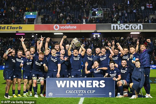 Scotland Captain Sione Tuipulotu Holds Aloft The Calcutta Cup After A Rousing Murrayfield Win