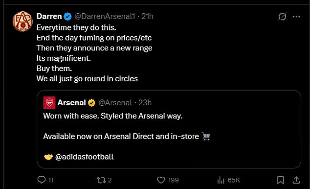 One Fan Had Also Appeared To Direct His Anger Earlier On Wednesday Towards The Club For Marketing A New Line Of Adidas Training Gear, And Claimed Arsenal Had 'Believed Their Own Hype'