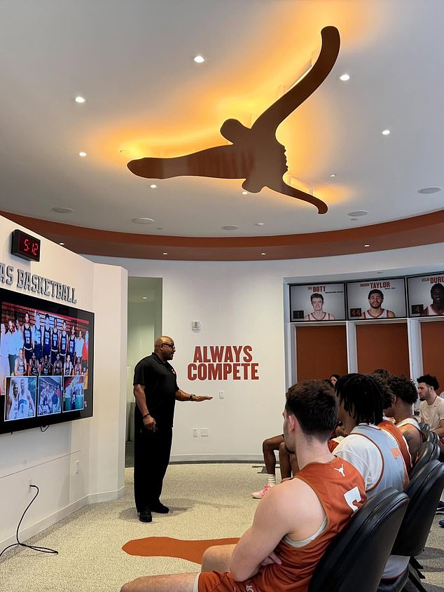 Smith, Seen Speaking To The University Of Texas Basketball Team In February 2026