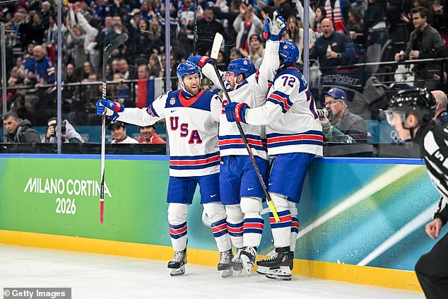 Dylan Larkin Of United States Celebrates His Goal With Tage Thompson And Jaccob Slavin