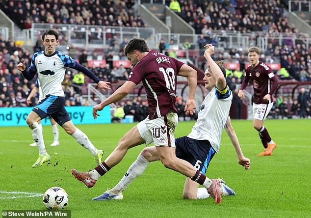 Hearts Striker Claudio Braga Battles For The Ball With Falkirk Defender Coll Donaldson