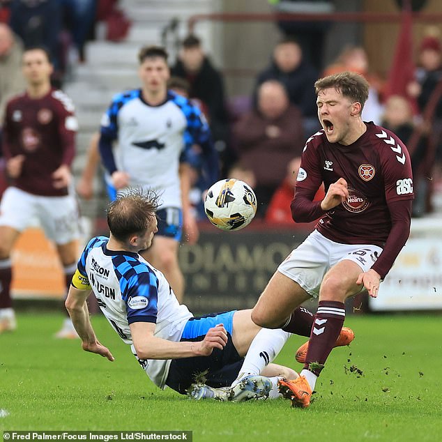 Hearts Midfielder Blair Spittal Challenges Falkirk Captain Coll Donaldson