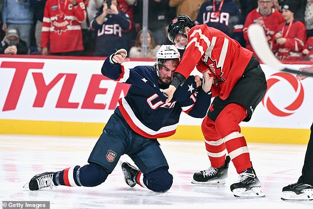 J.t. Miller #10 Of Team Usa And Colton Parayko #55 Of Team Canada Fight During The First Period In The 4 Nations Face-Off Game At The Bell Centre On February 15, 2025