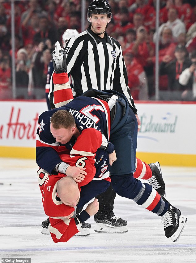 Brady Tkachuk #7 Of Team Usa And Sam Bennett #9 Of Team Canada Fight During The First Period In The 4 Nations Face-Off Game At The Bell Centre