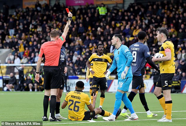 Livingston's Cristian Montano Is Shown A Straight Red After A Last-Man Foul On Djeidi Gassama