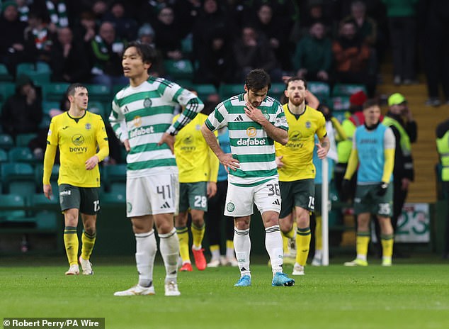 Celtic Players Look Dejected After Hibs Score Their Second Goal In The 2-1 Win