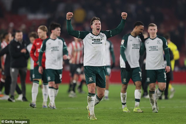 Callum Brittain Of Middlesbrough Celebrates During The Match Against Sheffield United. After Tuesday Night's Game There Will Be 12 Matches Left For Hellberg And His Team