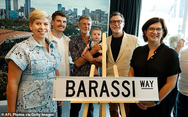 North Melbourne Ceo Jen Watt, Ron Barassi’s Sons Ron Barassi Jnr And Richard Barassi, Grandson Kassiyan Slipetsky, Great-Grandson Archie Slipetsky And Sonja Hood