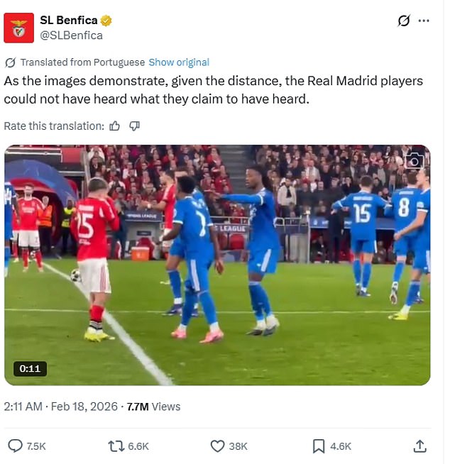 Benfica Have Cast Doubt As To Whether Madrid Stars Heard Alleged Racist Abuse On Tuesday