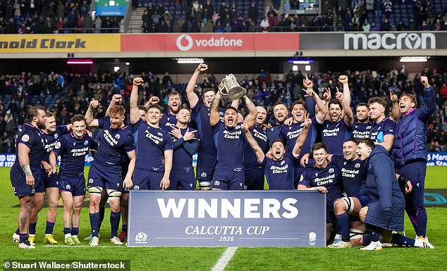 Sione Tuipulotu Lifts The Calcutta Cup After Scotland's 31-20 Win Over England