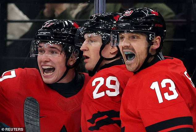Nathan Mackinnon Of Canada Celebrates With Macklin Celebrini And Sam Reinhart