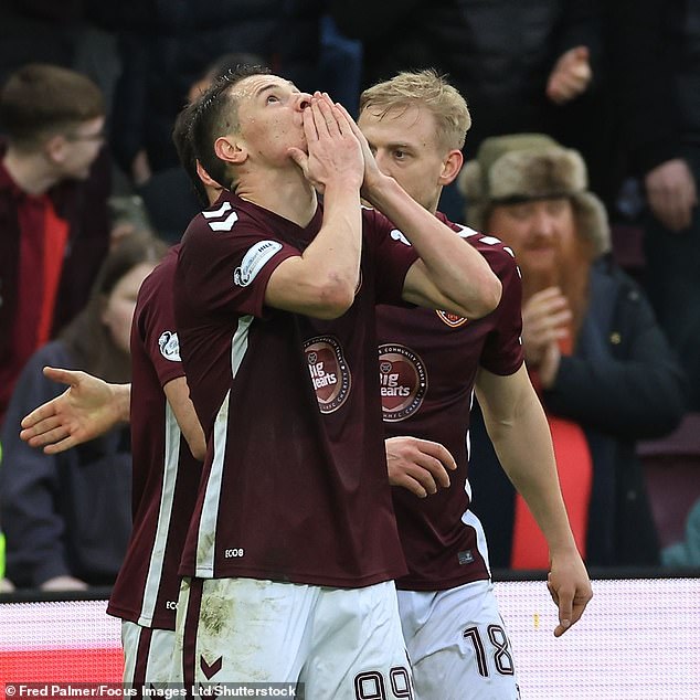 Islam Chesnokov Looks To The Heavens After Scoring The Winning Goal For Hearts