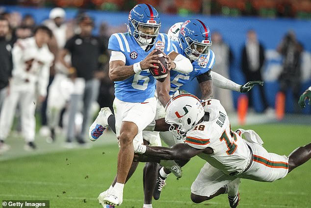 Trinidad Chambliss #6 Of The Ole Miss Rebels Runs The Ball Against Armondo Blount #18 Of The Miami Hurricanes During The Second Half Of Cfp Semifinal Vrbo Fiesta Bowl