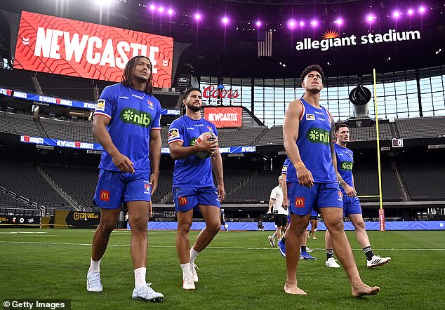 Many Footy Fans Over In Las Vegas For The Nrl's Double Header Are Enjoying The Trip Of A Lifetime - But They Will Need Deep Pockets For Beers And Fast Food (Pictured, Stars From The Newcastle Knights)