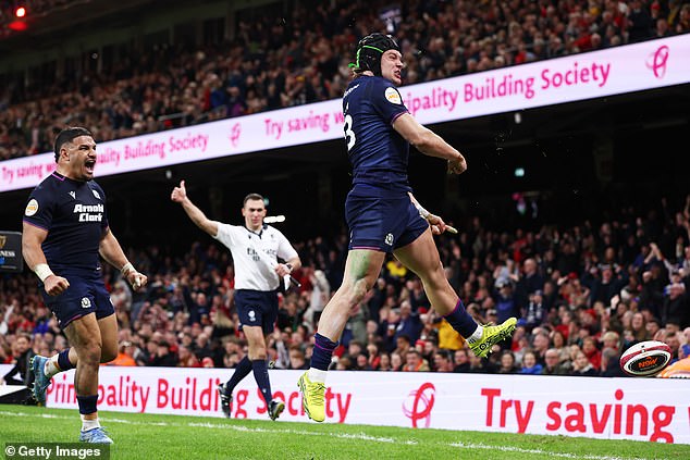 Darcy Graham Celebrates His Try, Scotland's Third Of The Match